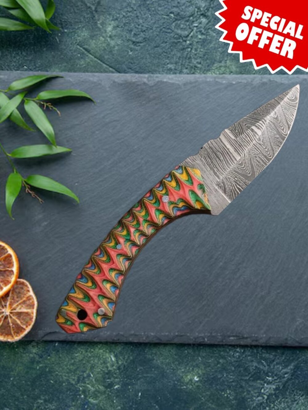 Hand-Forged Damascus Chef Knife - Multi-Color Wave Wood Handle & Sheath